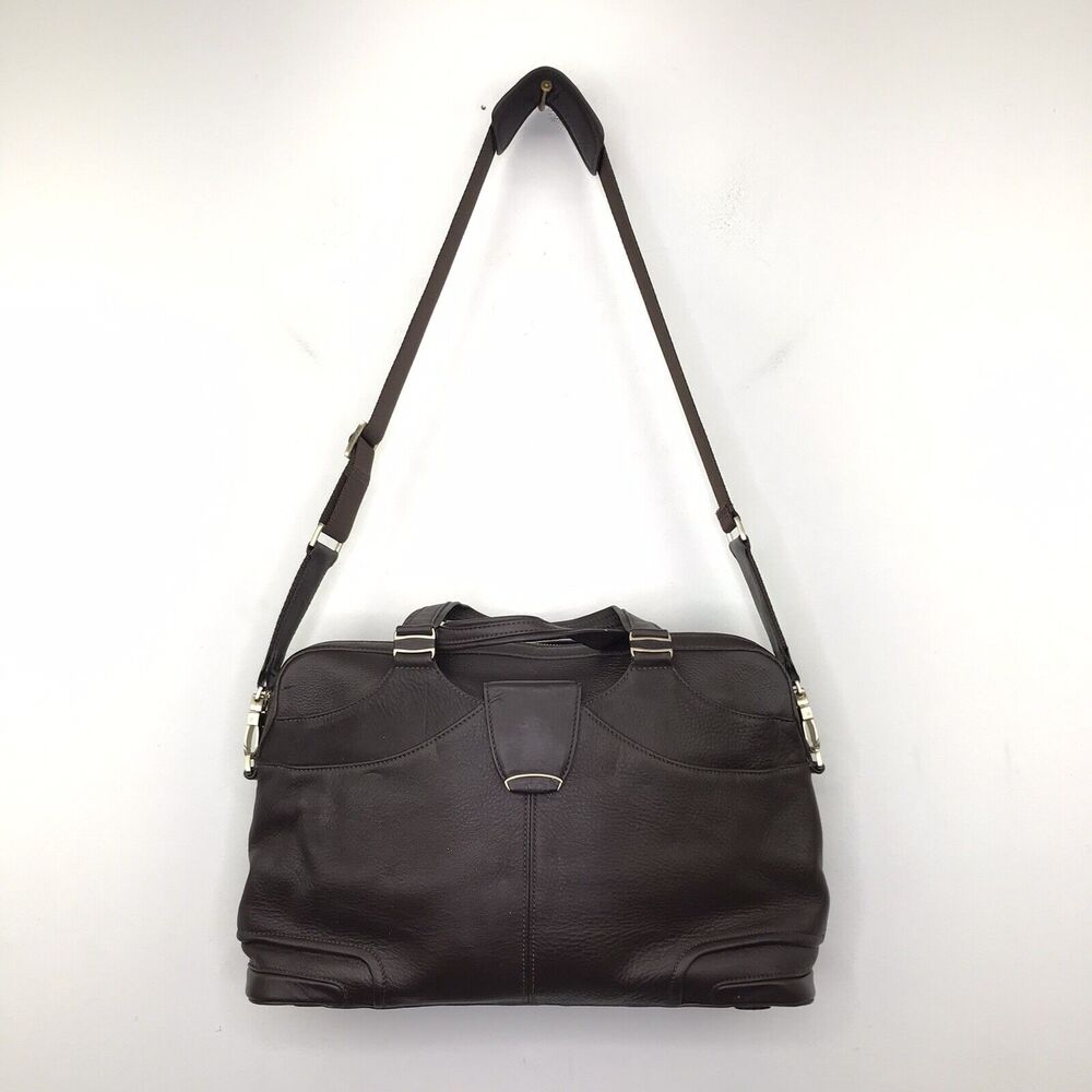 Tumi Messenger Bag Leather Adjustable Straps Zippers Pockets Logo Brown Flaw